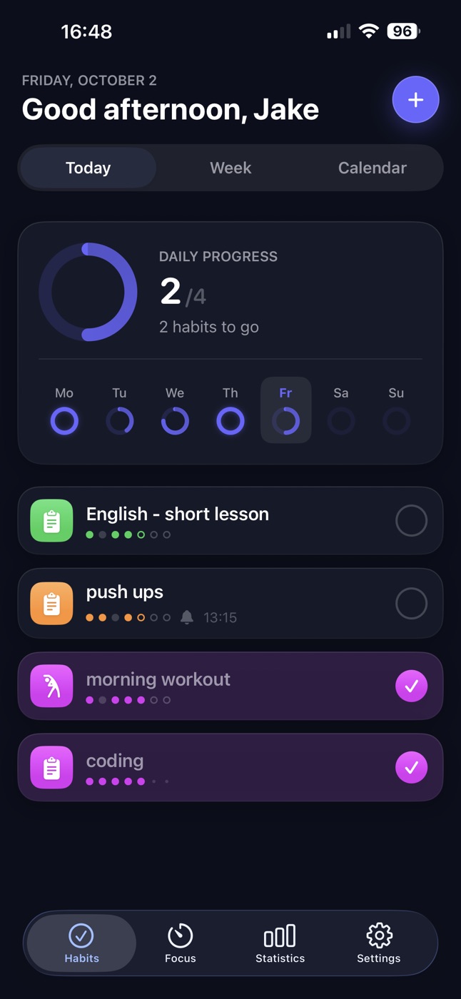 HabitsFlow Today screen in the dark theme